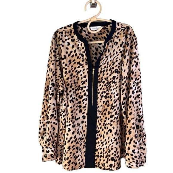 Calvin Klein Leopard Animal Print Split Neck Zipper Tunic Top Womens Size 3X - Picture 5 of 16